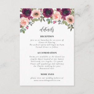 Tarjeta De Recepción Detalles del simple Boda floral de color burdeos