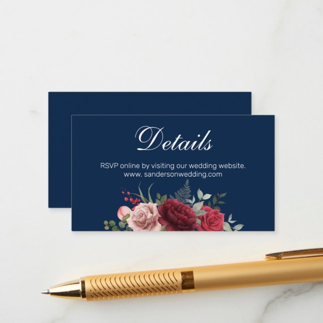 Tarjeta De Recepción Detalles del sitio web del Boda Floral Navy Blue B (Anverso/Reverso In Situ)