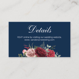 Tarjeta De Recepción Detalles del sitio web del Boda Floral Navy Blue B