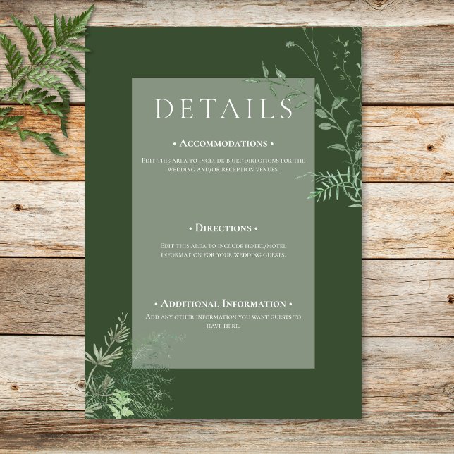 Tarjeta De Recepción Detalles del verde esmeralda del follaje verde de  (Rustic Fern Green Foliage Emerald Green Details Enclosure Card)