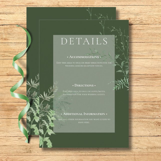 Tarjeta De Recepción Detalles del verde esmeralda del follaje verde de  (Rustic Fern Green Foliage Emerald Green Details Enclosure Card)