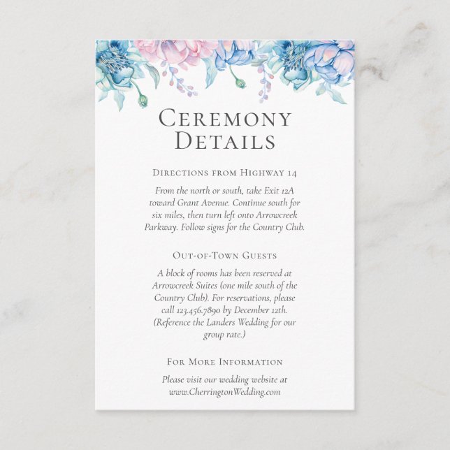 Tarjeta De Recepción Detalles/direcciones del Boda floral de acuarela (Anverso)