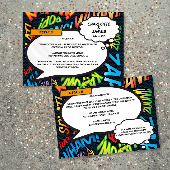 Tarjeta De Recepción Detalles Divertidos de la Boda de Cómic Informació (Fun Comic Book Wedding Details Information Enclosure Card)