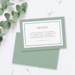 Tarjeta De Recepción Detalles editables del Boda de color de borde<br><div class="desc">Esta moderna tarjeta de detalles clásica de boda presenta un color de fondo editable; para cambiarla de verde sabio al color de su elección, haga clic en el botón personalizar y cambie el color de fondo delantero y trasero. Personalízalo reemplazando el texto del marcador de posición. Para obtener más opciones...</div>
