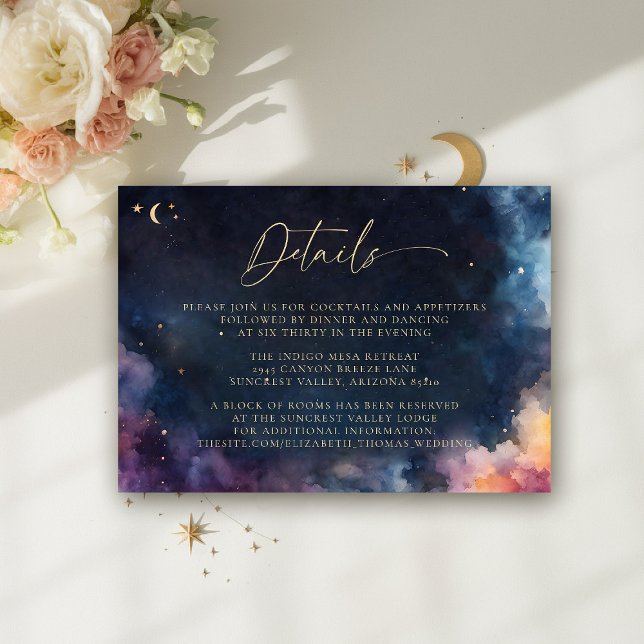 Tarjeta De Recepción Detalles Elegantes de Boda Azul Celestial Medianoc (celestial wedding details reception card cosmic watercolor starry night sky galaxy universe astrolog)