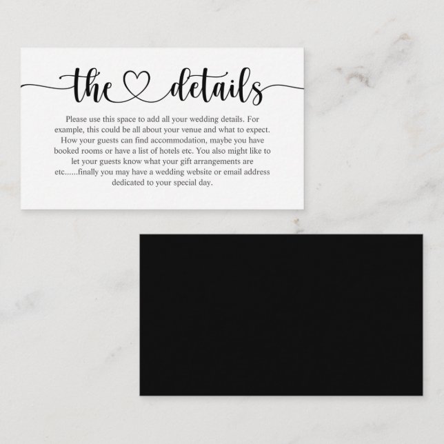 Tarjeta De Recepción Detalles elegantes de Boda de guiones blancos y ne (Anverso / Reverso)