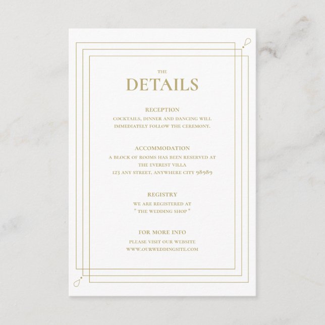 Tarjeta De Recepción Detalles elegantes de Boda dorado y blanco