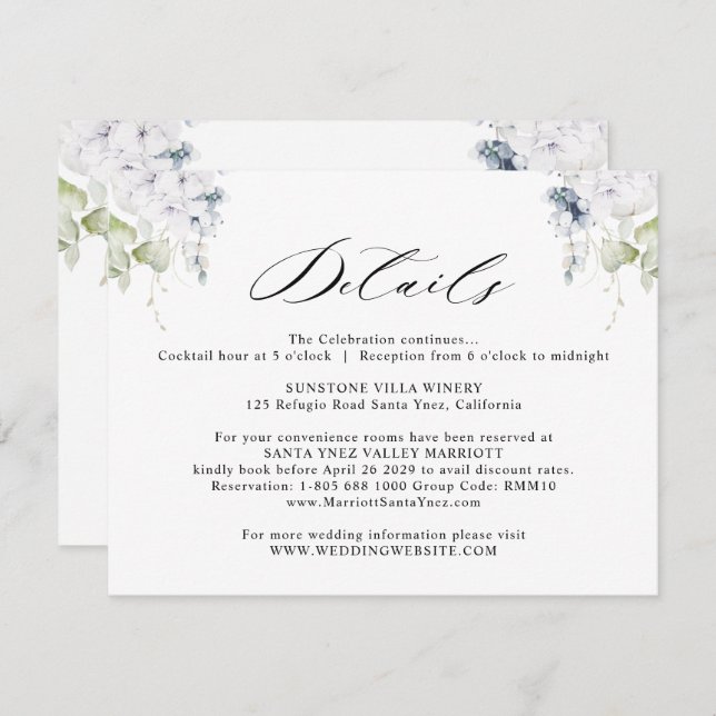 Tarjeta De Recepción Detalles elegantes de Boda floral blanco y azul (Anverso / Reverso)