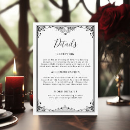 Tarjeta De Recepción Detalles elegantes de Boda gótico blanco y negro