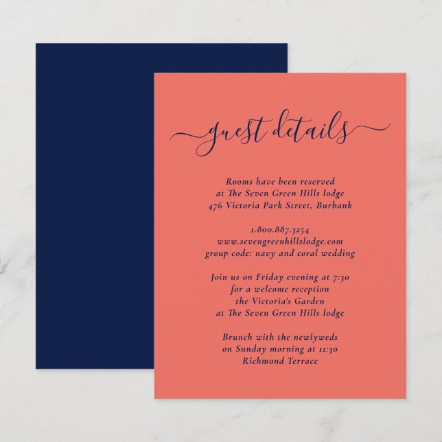 Tarjeta De Recepción Detalles Elegantes de Boda Modernos en Azul Marino (Anverso / Reverso)