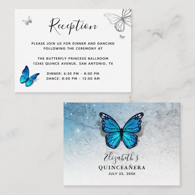 Tarjeta De Recepción Detalles elegantes de la mariposa azul (Anverso / Reverso)