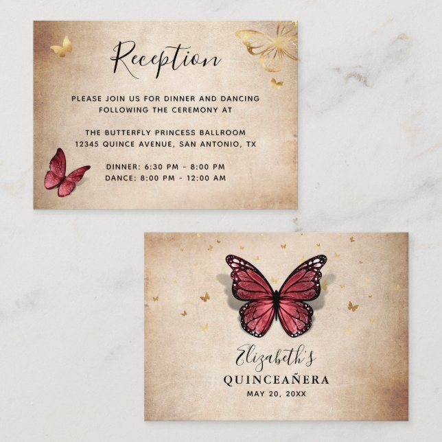 Tarjeta De Recepción Detalles elegantes de la mariposa de Borgoña y Oro (Anverso / Reverso)