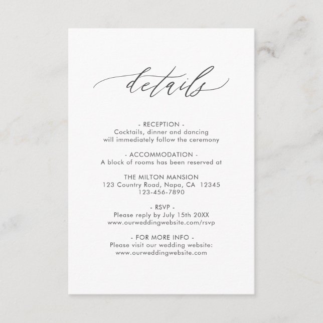 Tarjeta De Recepción Detalles elegantes del Boda de caligrafía con códi (Anverso)