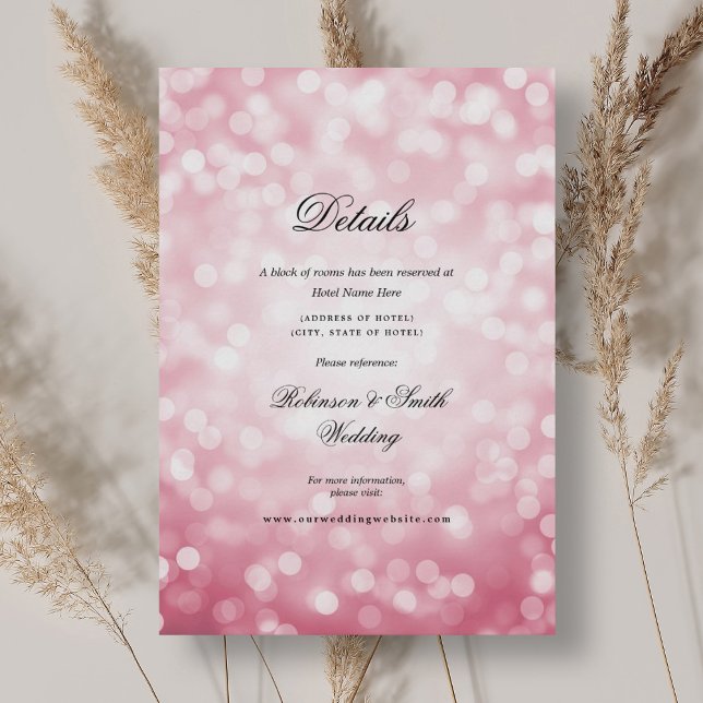 Tarjeta De Recepción Detalles elegantes del Boda de las luces rosadas d (Elegant Blush Pink Bokeh Lights Wedding Details Enclosure Card)