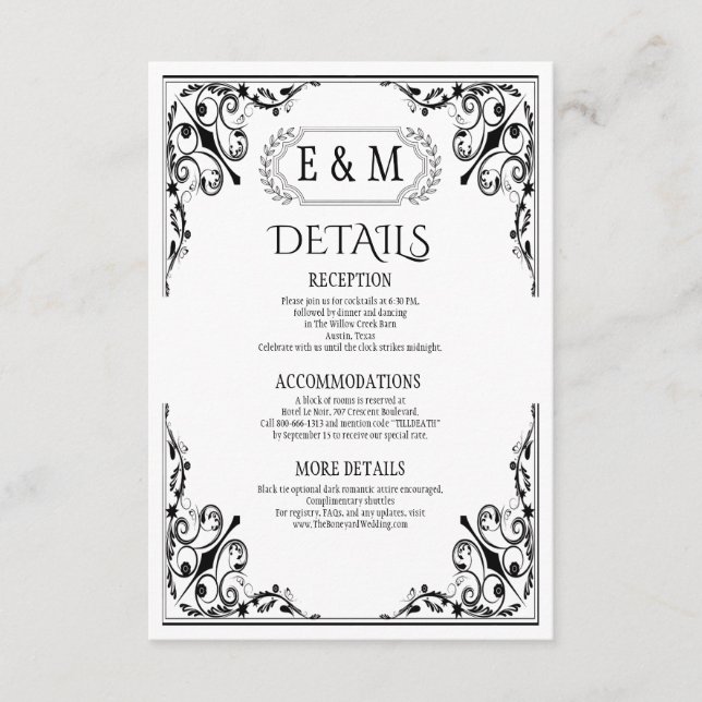 Tarjeta De Recepción Detalles elegantes del Boda de monograma gótico (Anverso)
