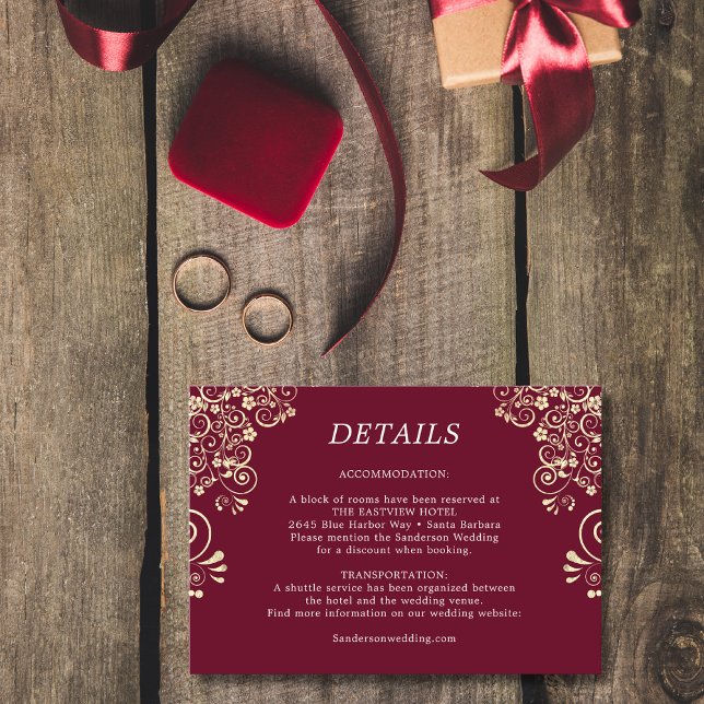 Tarjeta De Recepción Detalles elegantes del Boda de oro de Borgoña (Subido por el creador)