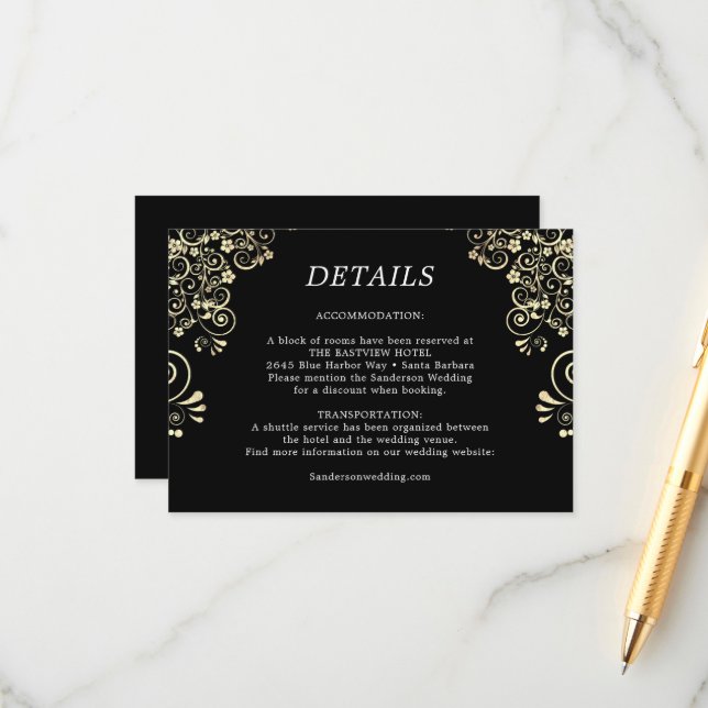 Tarjeta De Recepción Detalles elegantes del Boda de oro negro (Anverso/Reverso In Situ)