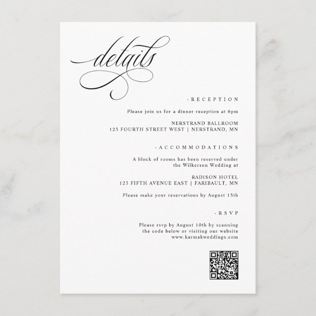 Tarjeta De Recepción Detalles elegantes del Boda Fancy (Anverso)