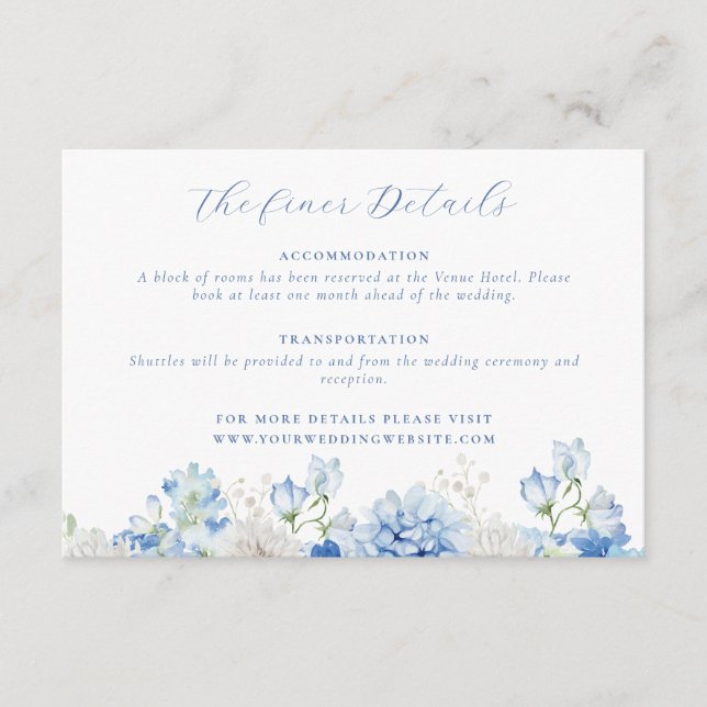 Tarjeta De Recepción Detalles elegantes del Boda floral azul (Anverso)