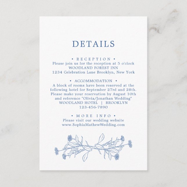 Tarjeta De Recepción Detalles elegantes del Boda floral azul clásico (Anverso)
