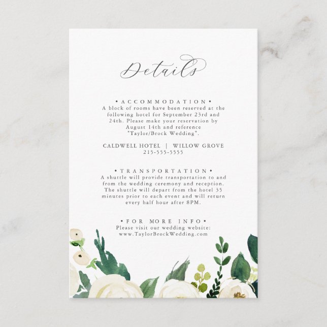 Tarjeta De Recepción Detalles elegantes del Boda floral blanco (Anverso)