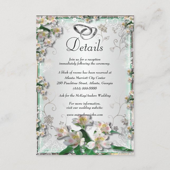 Tarjeta De Recepción Detalles elegantes del Boda floral blanco (Anverso)