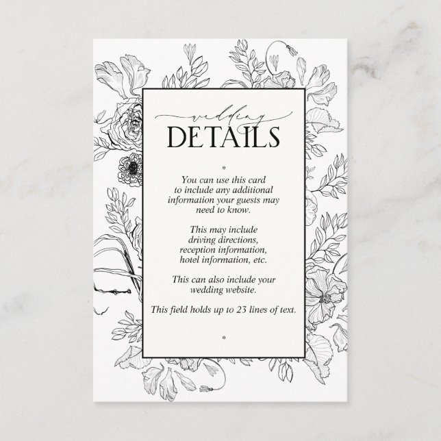 Tarjeta De Recepción Detalles elegantes del Boda floral blanco negro (Anverso)
