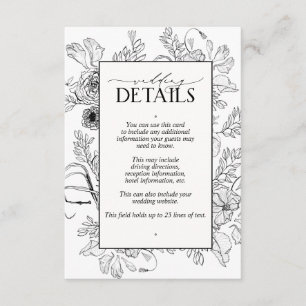 Tarjeta De Recepción Detalles elegantes del Boda floral blanco negro