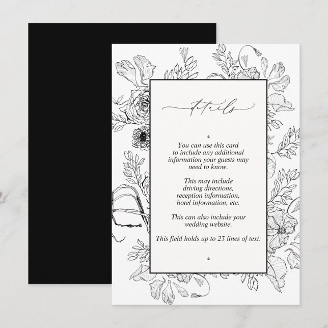 Tarjeta De Recepción Detalles elegantes del Boda floral blanco negro (Anverso / Reverso)