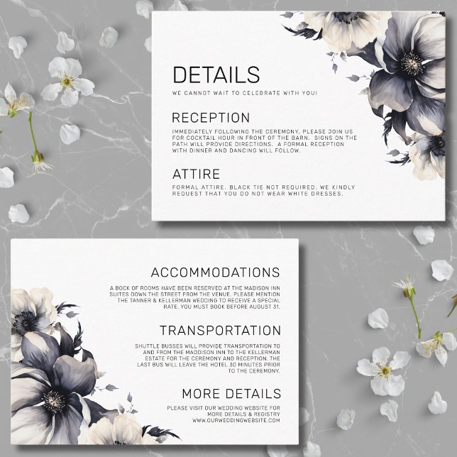Tarjeta De Recepción Detalles elegantes del Boda floral blanco negro (Modern Boho Floral Black White Wedding Details Enclosure Card)