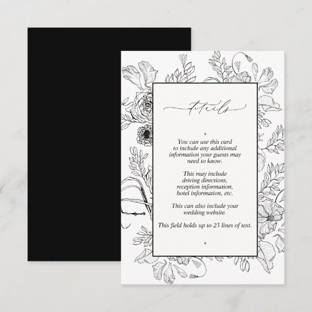 Tarjeta De Recepción Detalles elegantes del Boda floral blanco negro (Anverso / Reverso)