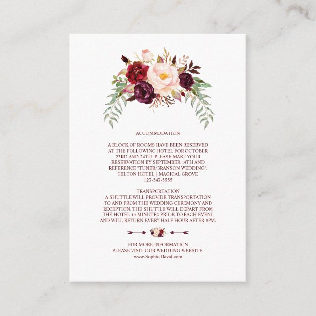 Tarjeta De Recepción Detalles elegantes del Boda floral Borgoña Marsala (Anverso)