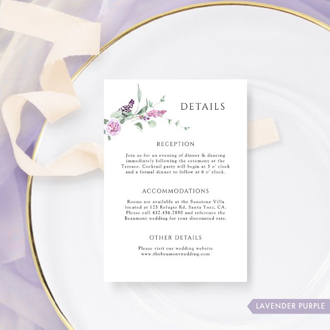 Tarjeta De Recepción Detalles elegantes del Boda floral de Lavender Pas (Subido por el creador)