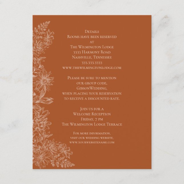 Tarjeta De Recepción Detalles elegantes del Boda Floral de Terra Cotta (Anverso)