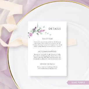 Tarjeta De Recepción Detalles elegantes del Boda floral Lilac Purple Pa