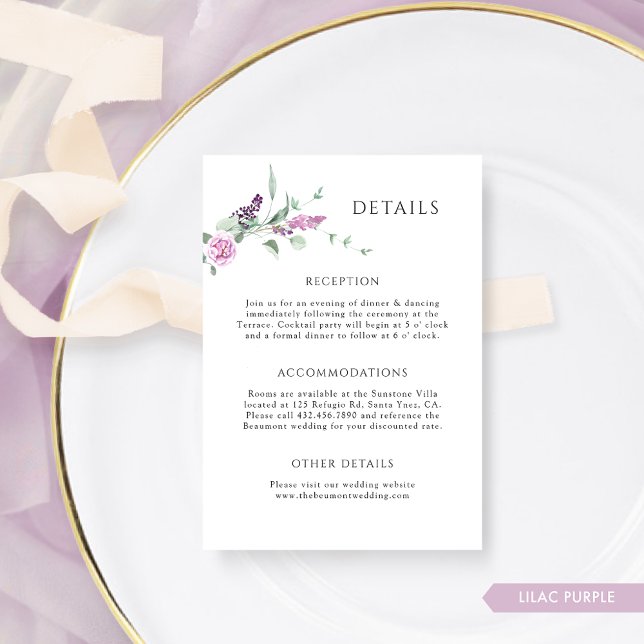 Tarjeta De Recepción Detalles elegantes del Boda floral Lilac Purple Pa (Subido por el creador)