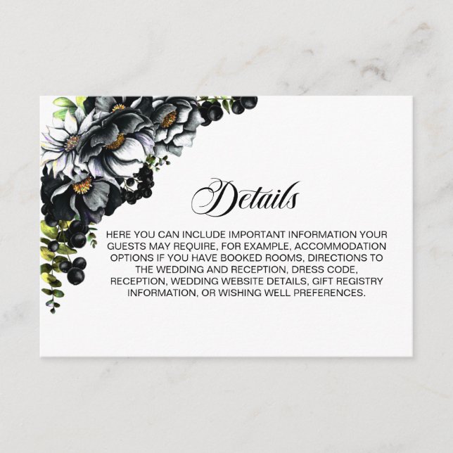 Tarjeta De Recepción Detalles elegantes del Boda floral negro (Anverso)