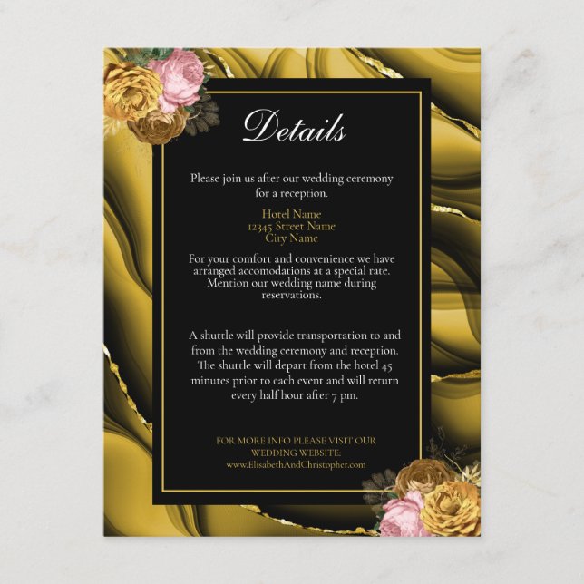 Tarjeta De Recepción Detalles elegantes del Boda floral negro dorado (Anverso)