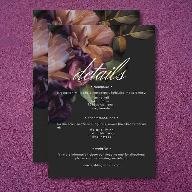 Tarjeta De Recepción Detalles elegantes del Boda floral negro Moody (Elegant Black Moody Floral Wedding Details Enclosure Card)