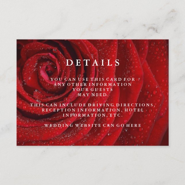 Tarjeta De Recepción Detalles elegantes del Boda floral rosa roja (Anverso)