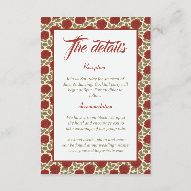 Tarjeta De Recepción Detalles elegantes del Boda floral rosa roja (Anverso)