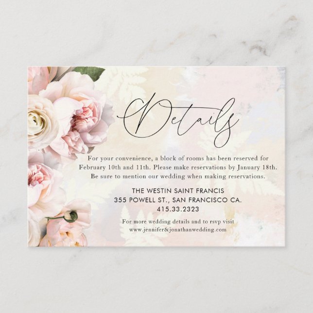 Tarjeta De Recepción Detalles elegantes del Boda floral rosa Rubor (Anverso)