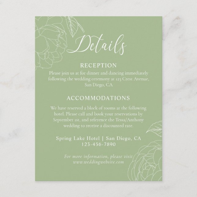 Tarjeta De Recepción Detalles elegantes del Boda floral verde sabio (Anverso)