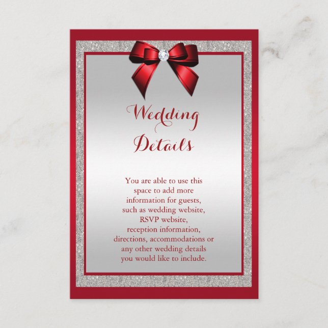 Tarjeta De Recepción Detalles elegantes del Boda Purpurina rojo y plate (Anverso)