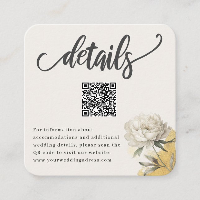 Tarjeta De Recepción Detalles elegantes del Boda QR del Peony Gold (Anverso)
