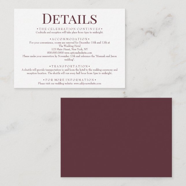 Tarjeta De Recepción Detalles elegantes del Boda rojo marrón (Anverso / Reverso)