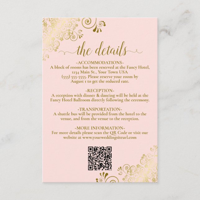 Tarjeta De Recepción Detalles elegantes del código QR de Boda rosa y do (Anverso)
