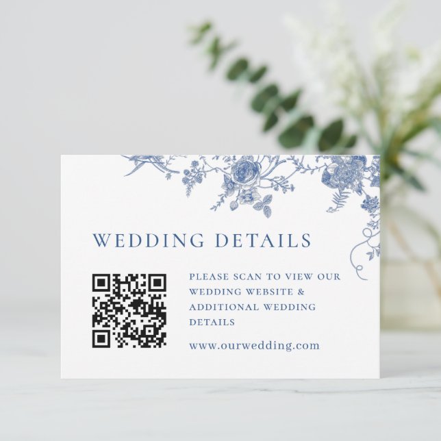 Tarjeta De Recepción Detalles elegantes del código QR de Floral Azul vi (Anverso de pie)