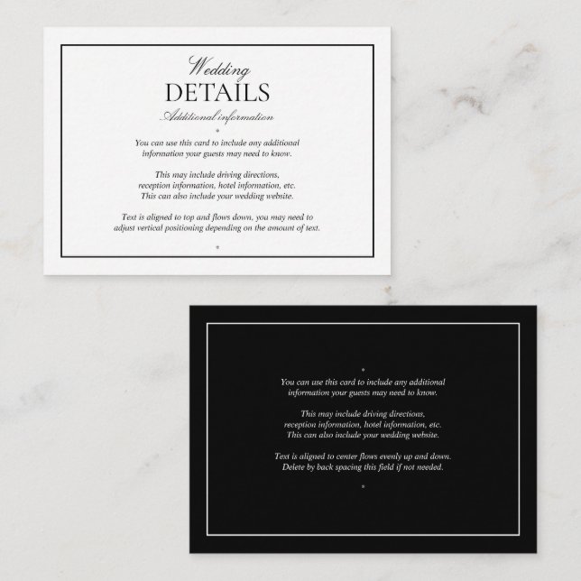 Tarjeta De Recepción Detalles elegantes del guión clásico blanco negro (Anverso / Reverso)
