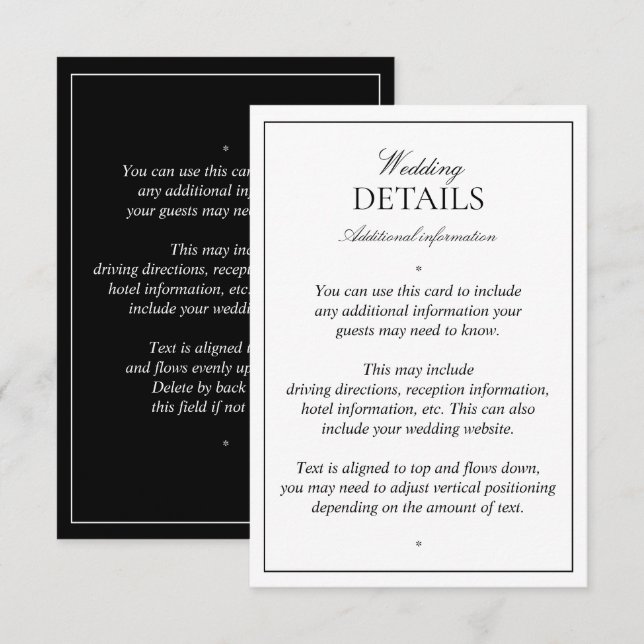 Tarjeta De Recepción Detalles elegantes del guión clásico blanco negro (Anverso / Reverso)